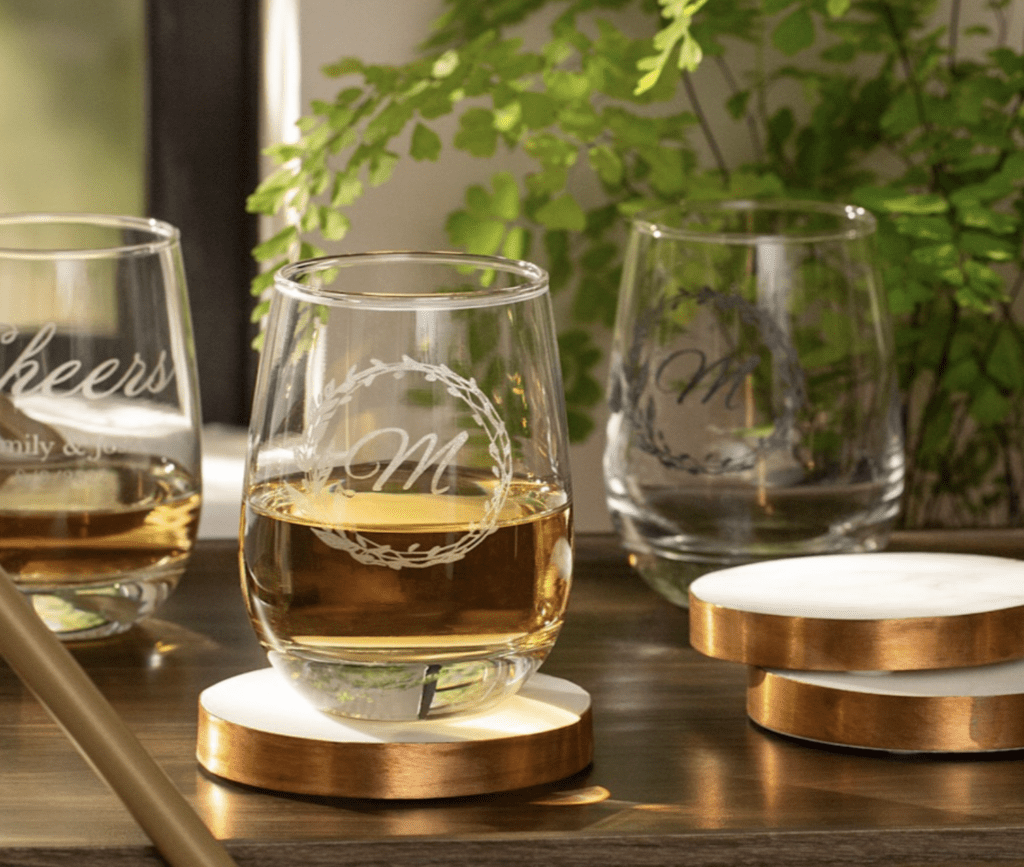 etched stemless wine glasses